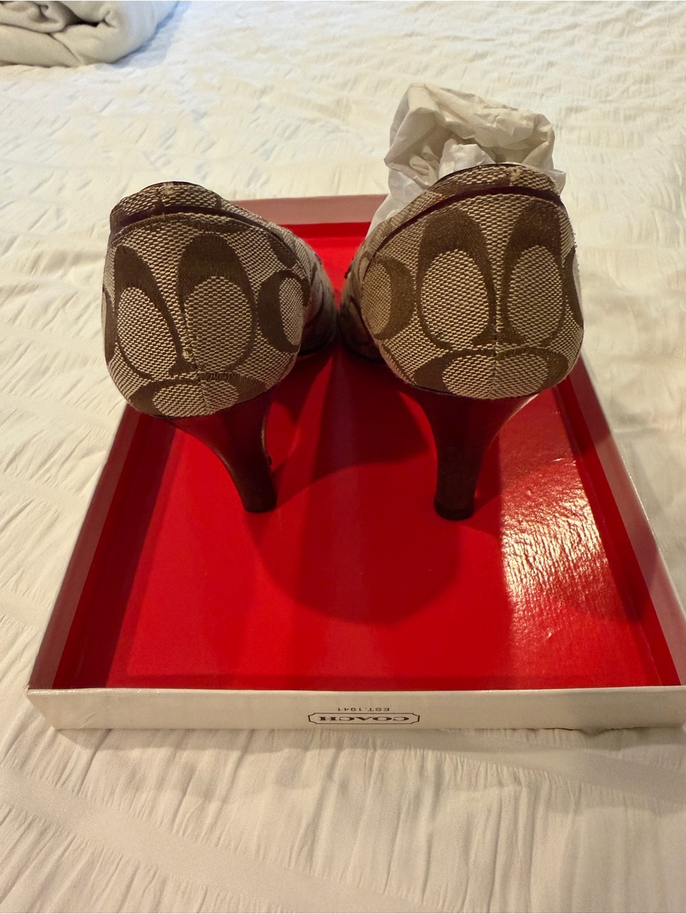 Coach Tan and Brown Peep-Toe Heels with Buckle Accent - Picture 2 of 6